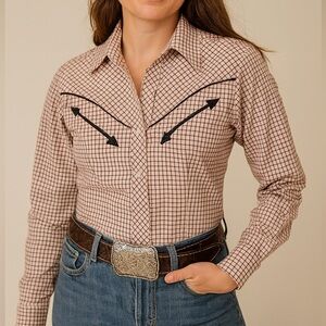Ark Western Gingham Plaid Black and Pink Button Down Top Size Medium